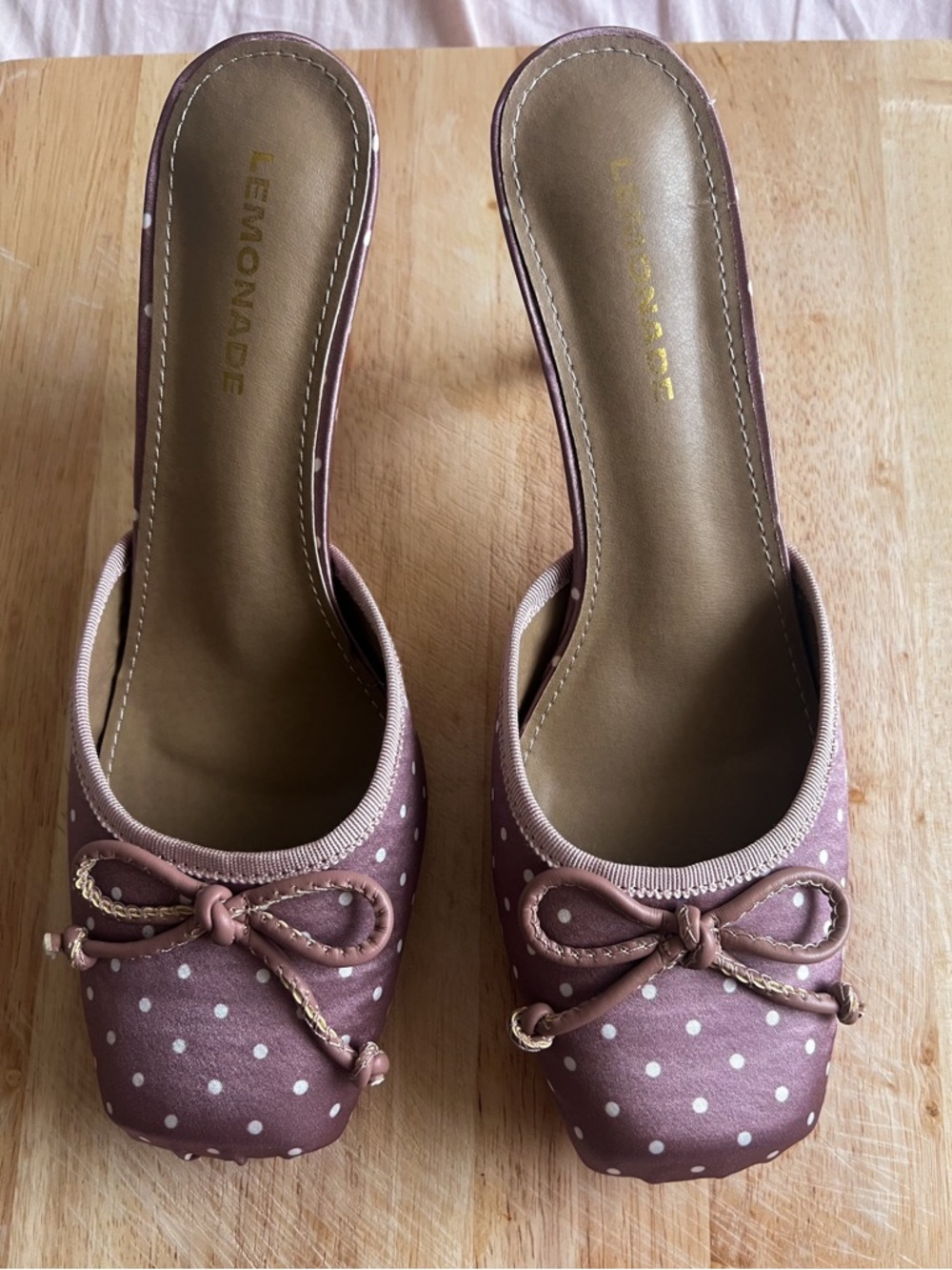 Vintage  Dusty Mauve Polka Dot Slip-On Mules with Bow